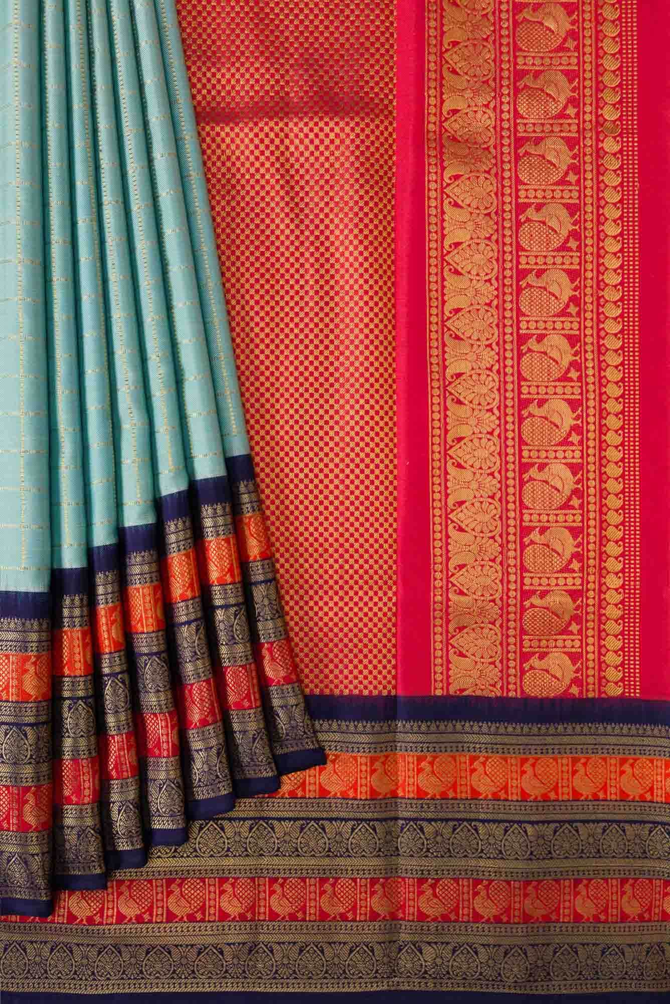 Pure Silk Pure Zari Sky Blue Dual Tone Double Ikat Saree - Image 2