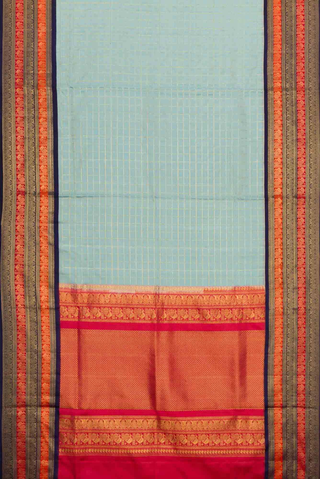 Pure Silk Pure Zari Sky Blue Dual Tone Double Ikat Saree - Image 4