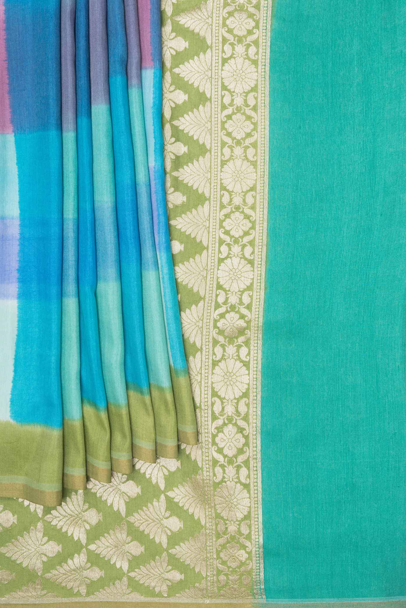 Sky Blue, Pink and Green Color Tussar Silk Saree - Image 4