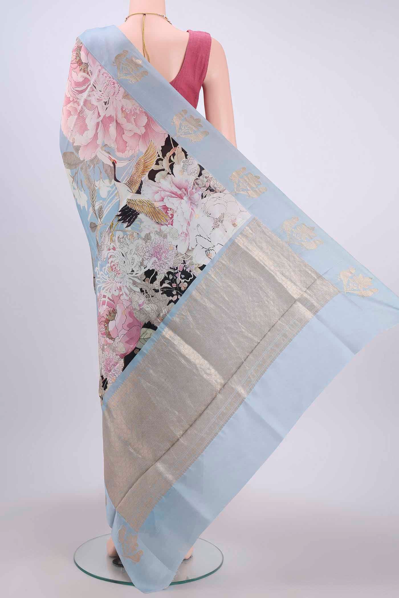 Sky Blue Printed Silk Saree - Image 3