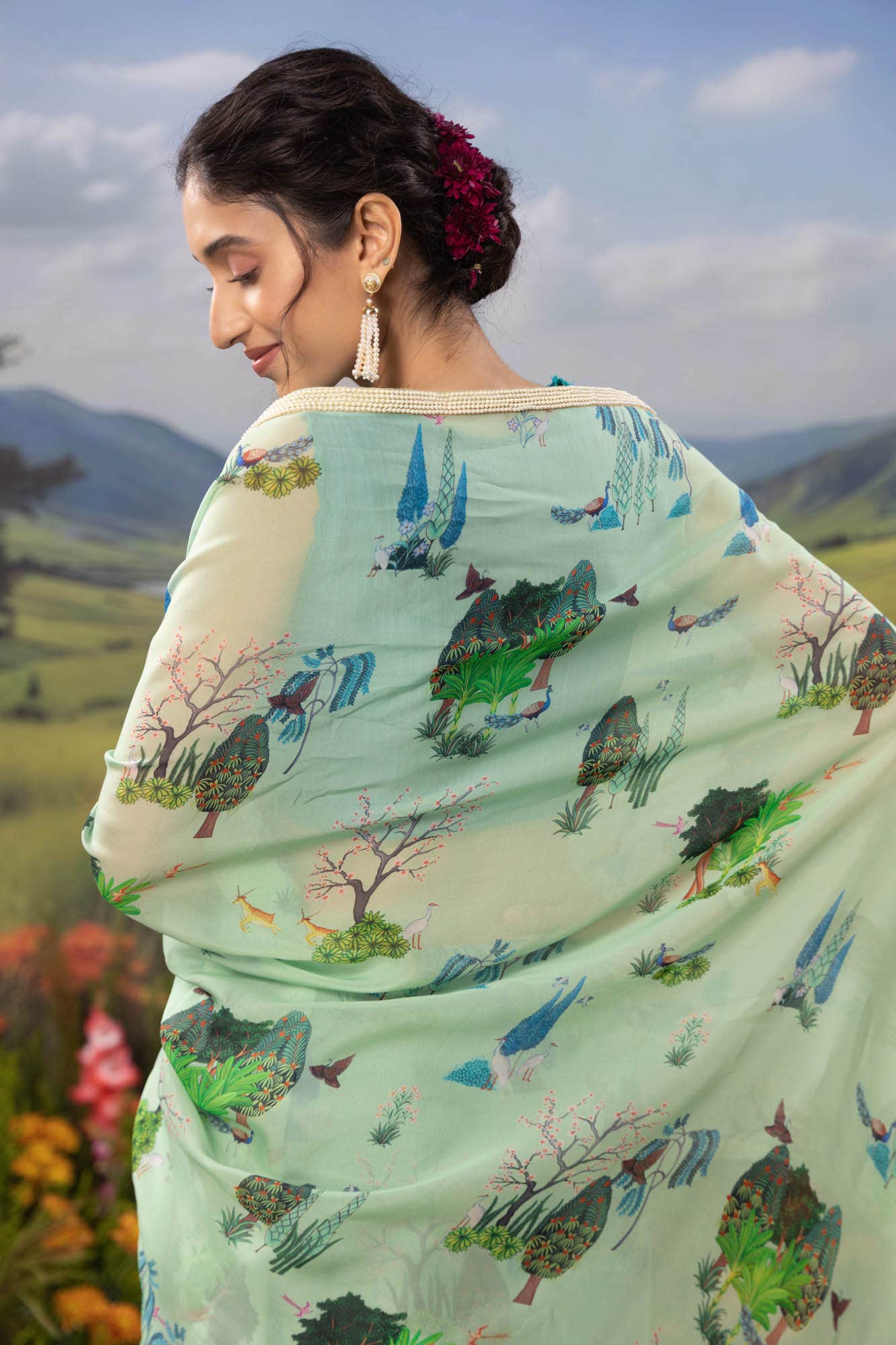Tale of the Woods-Sea Green Organza Silk Saree - Image 5