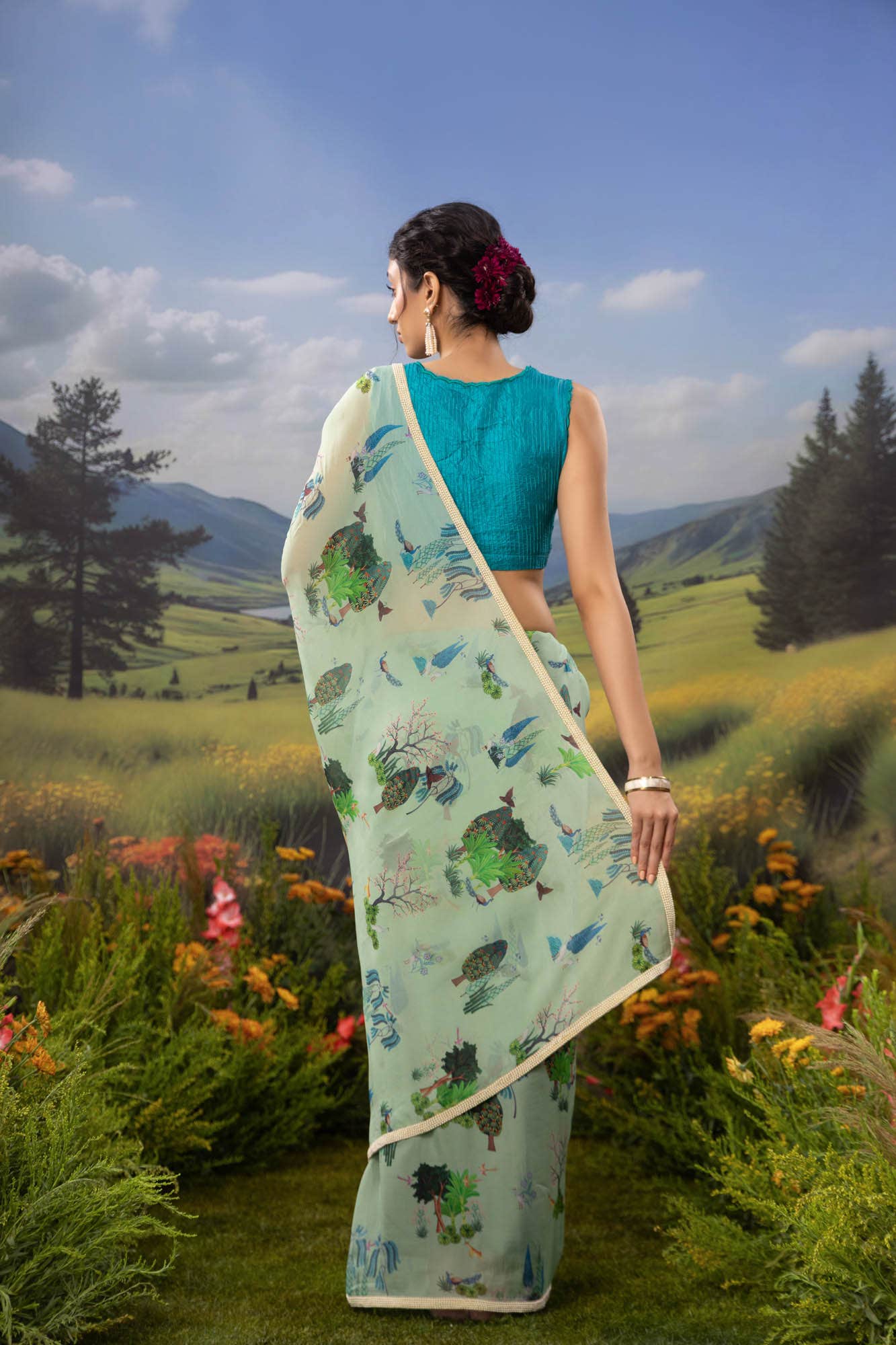 Tale of the Woods-Sea Green Organza Silk Saree - Image 6