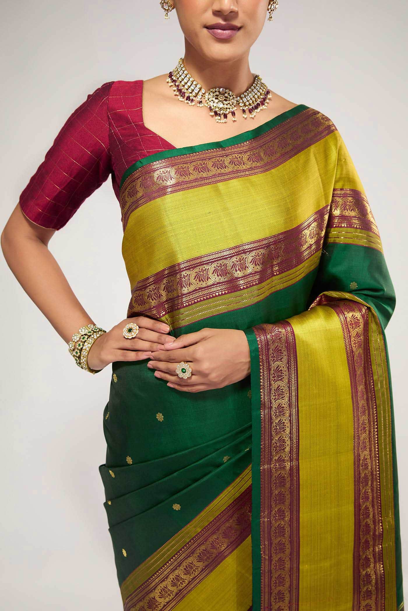 Tamira-Pure Silk Pure Gold Zari Green Kanchipuram Saree - Image 3