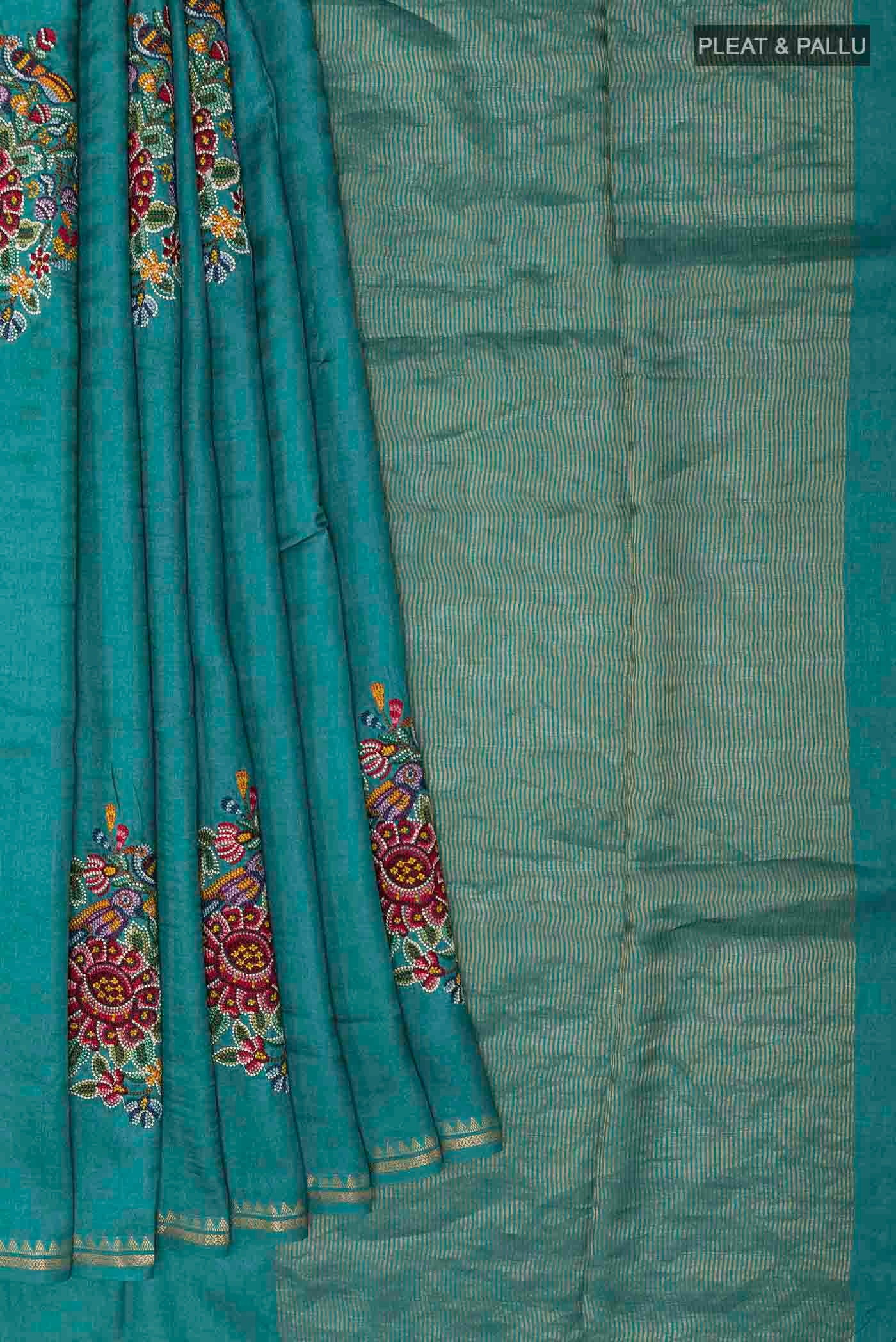 Teal Tussar Saree - Image 4
