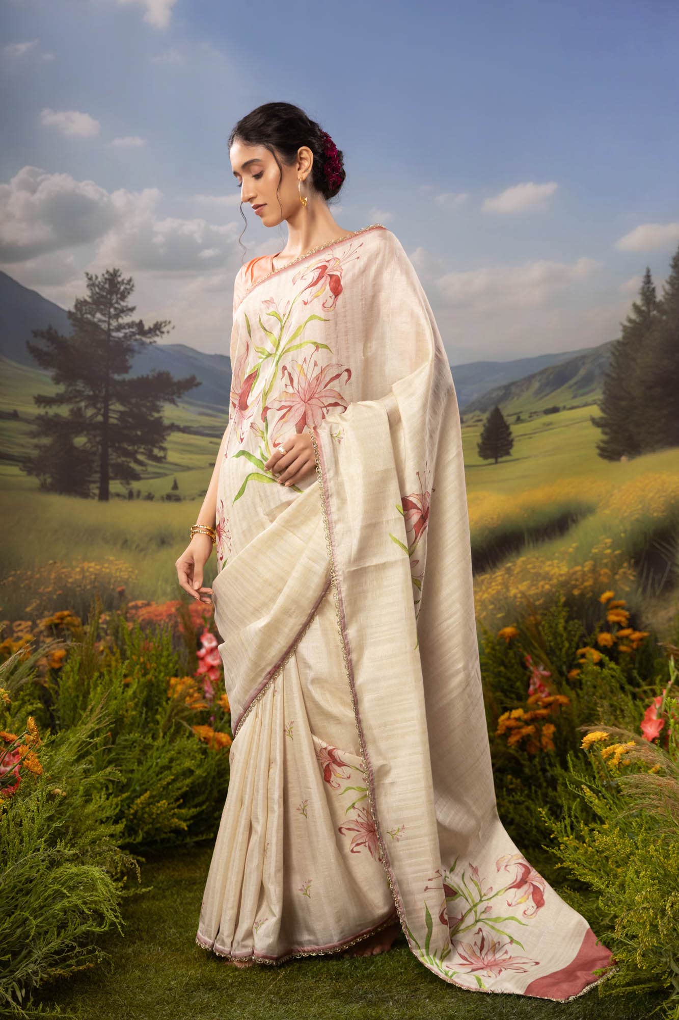 Tempest Lilies-Cream Tussar Silk Saree - Image 4