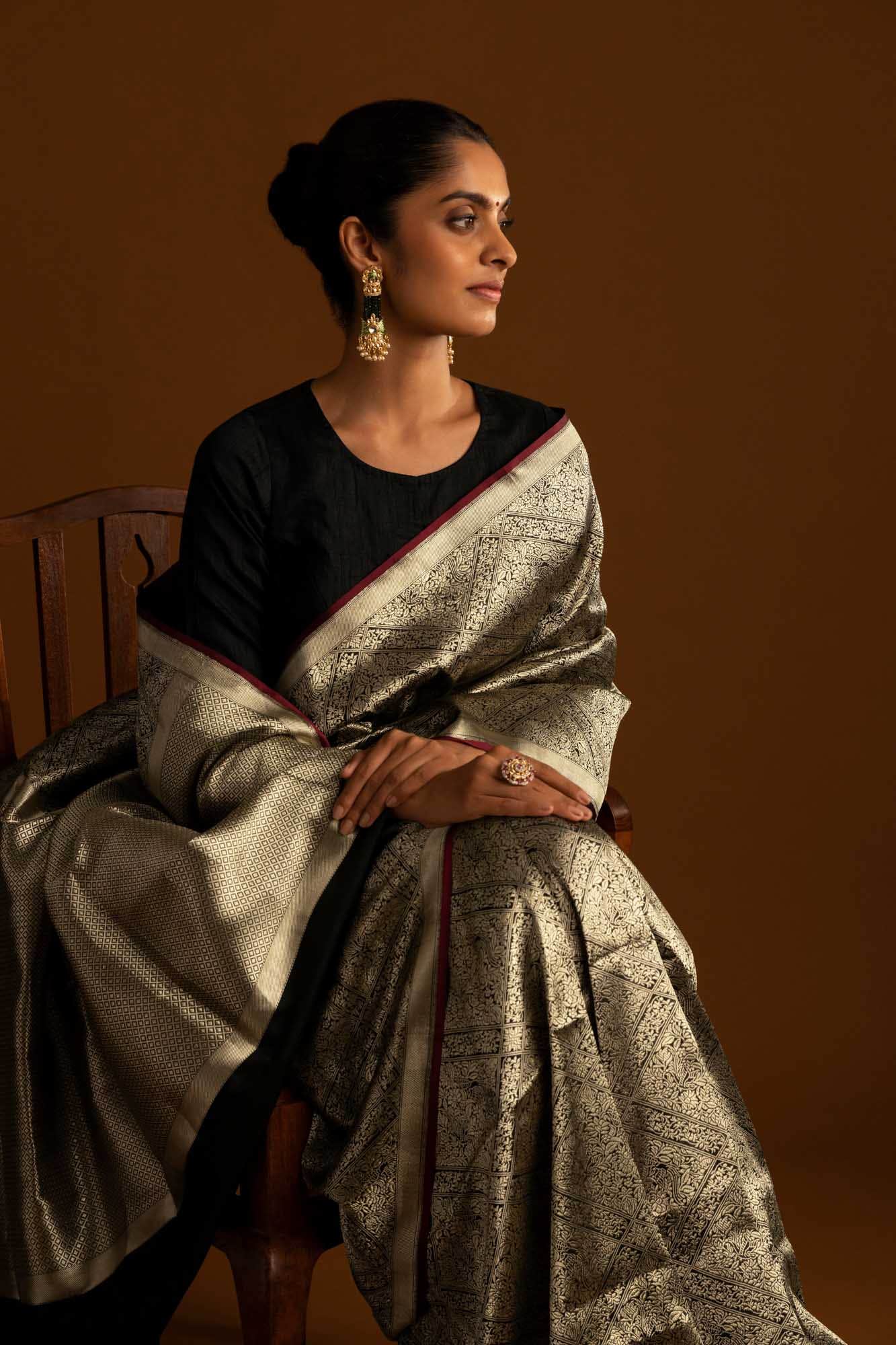 The jeweled Bird-Black Banarasi Silk Saree - Image 2