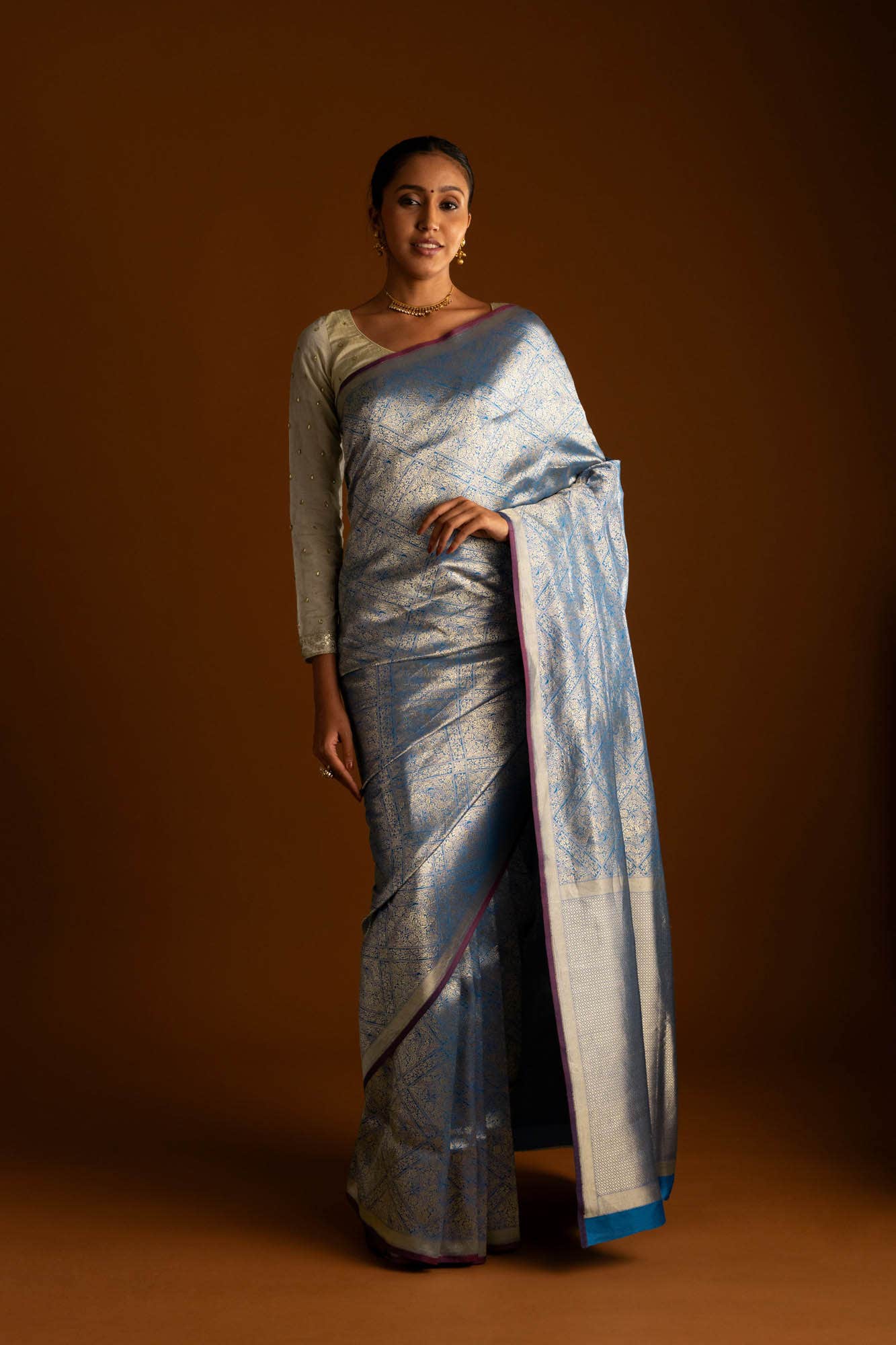 The jeweled Bird-Blue Banarasi Silk Saree - Image 2
