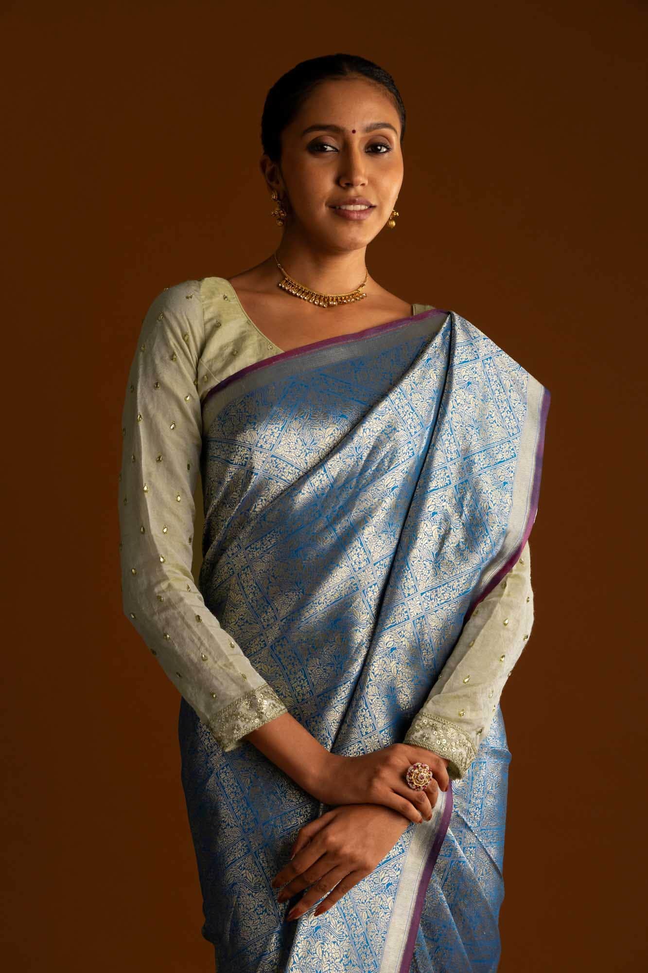 The jeweled Bird-Blue Banarasi Silk Saree - Image 3