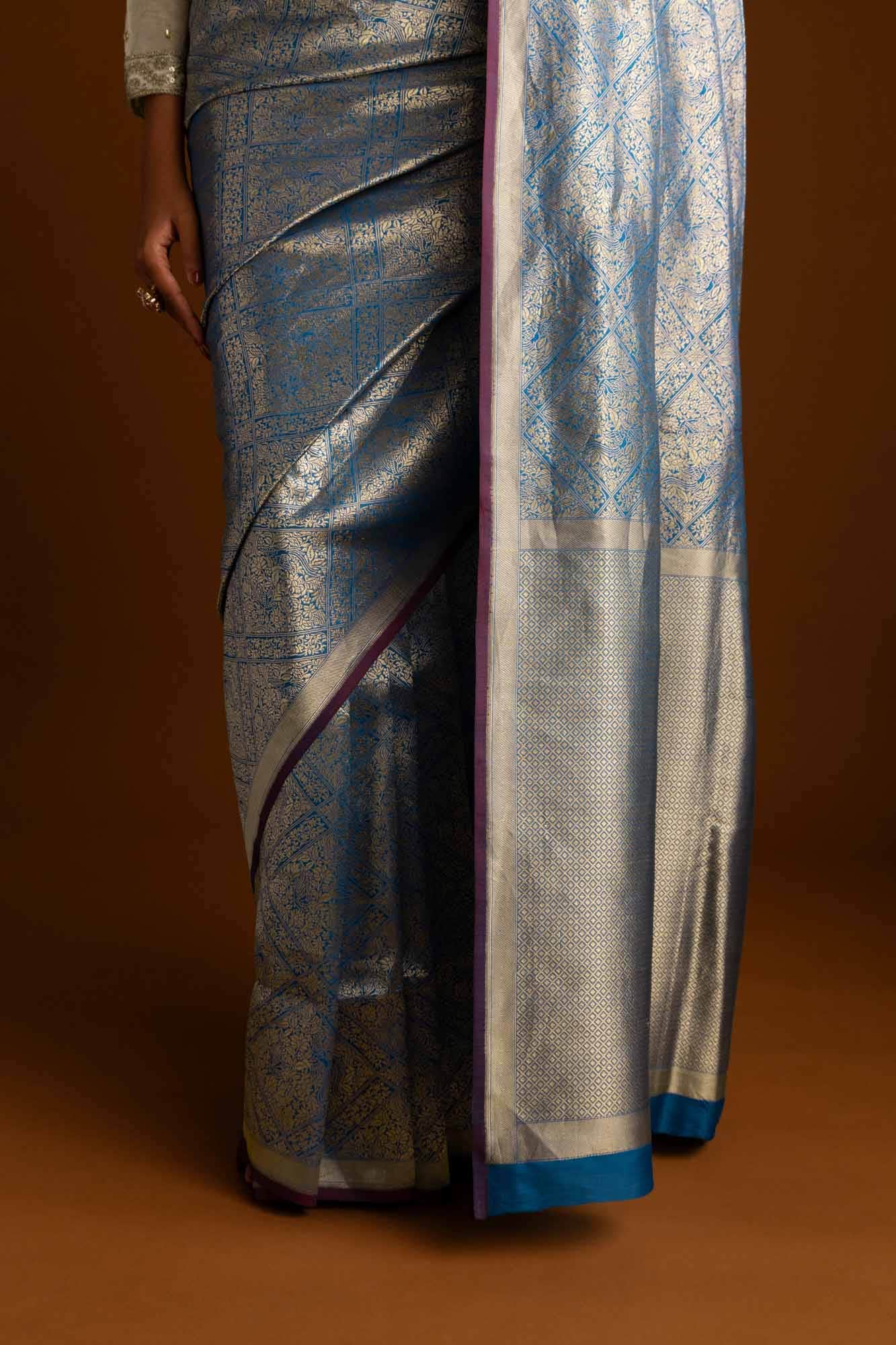 The jeweled Bird-Blue Banarasi Silk Saree - Image 5