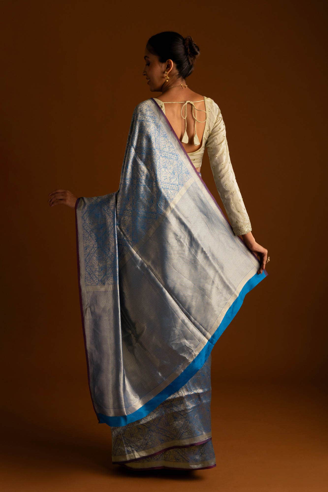 The jeweled Bird-Blue Banarasi Silk Saree - Image 6