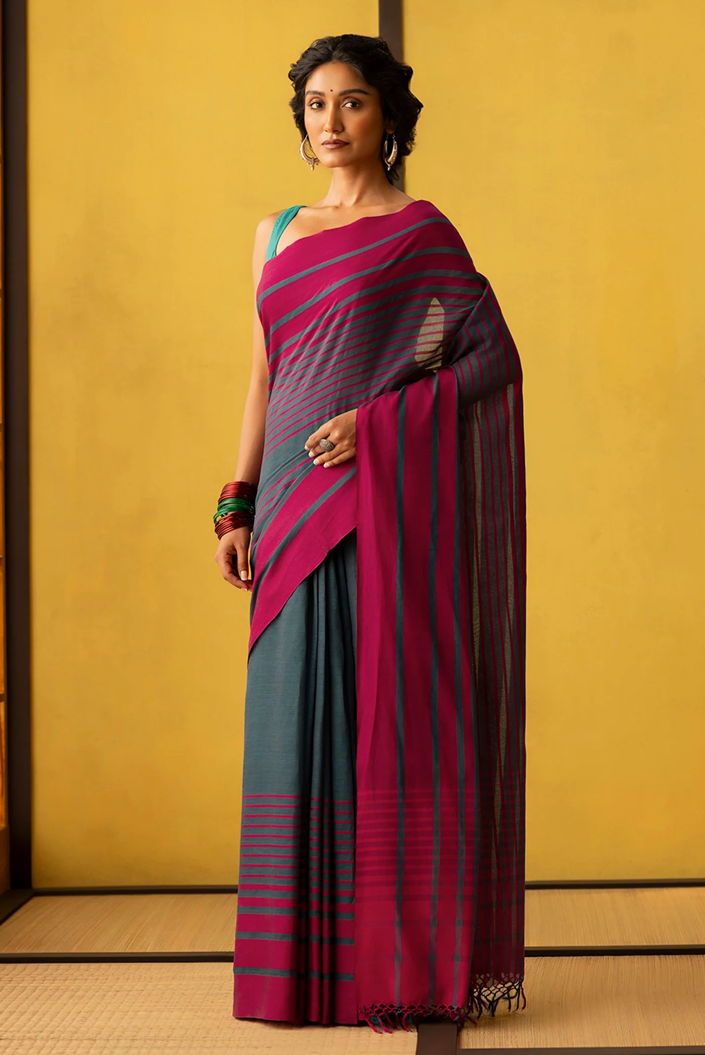 Titli-Dark Teal Cotton Saree - Image 3