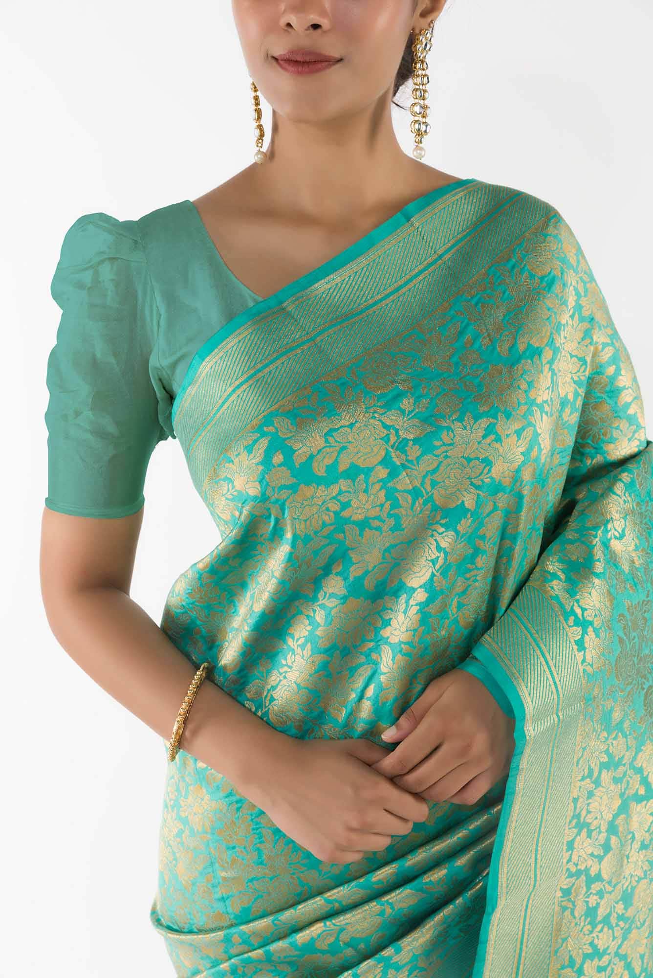 Blossom Bahar- Turquoise Banarasi Silk Saree - Image 3