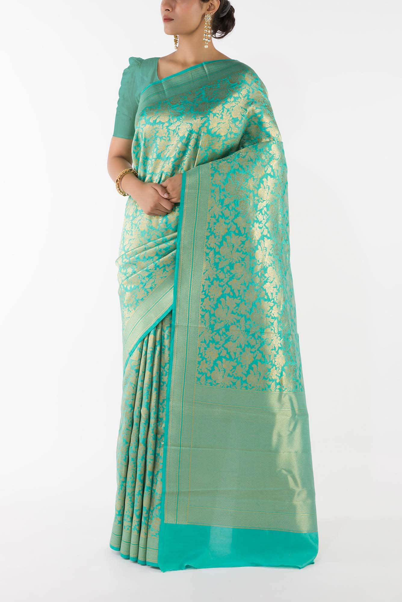 Blossom Bahar- Turquoise Banarasi Silk Saree - Image 7