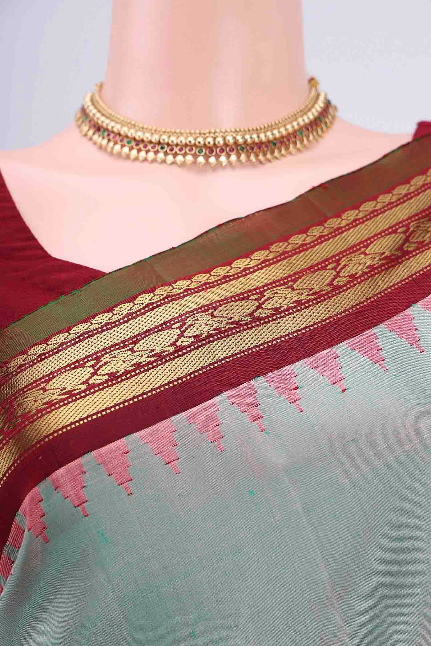 Turquoise with Grey Color Gadwal Silk Saree - Image 2