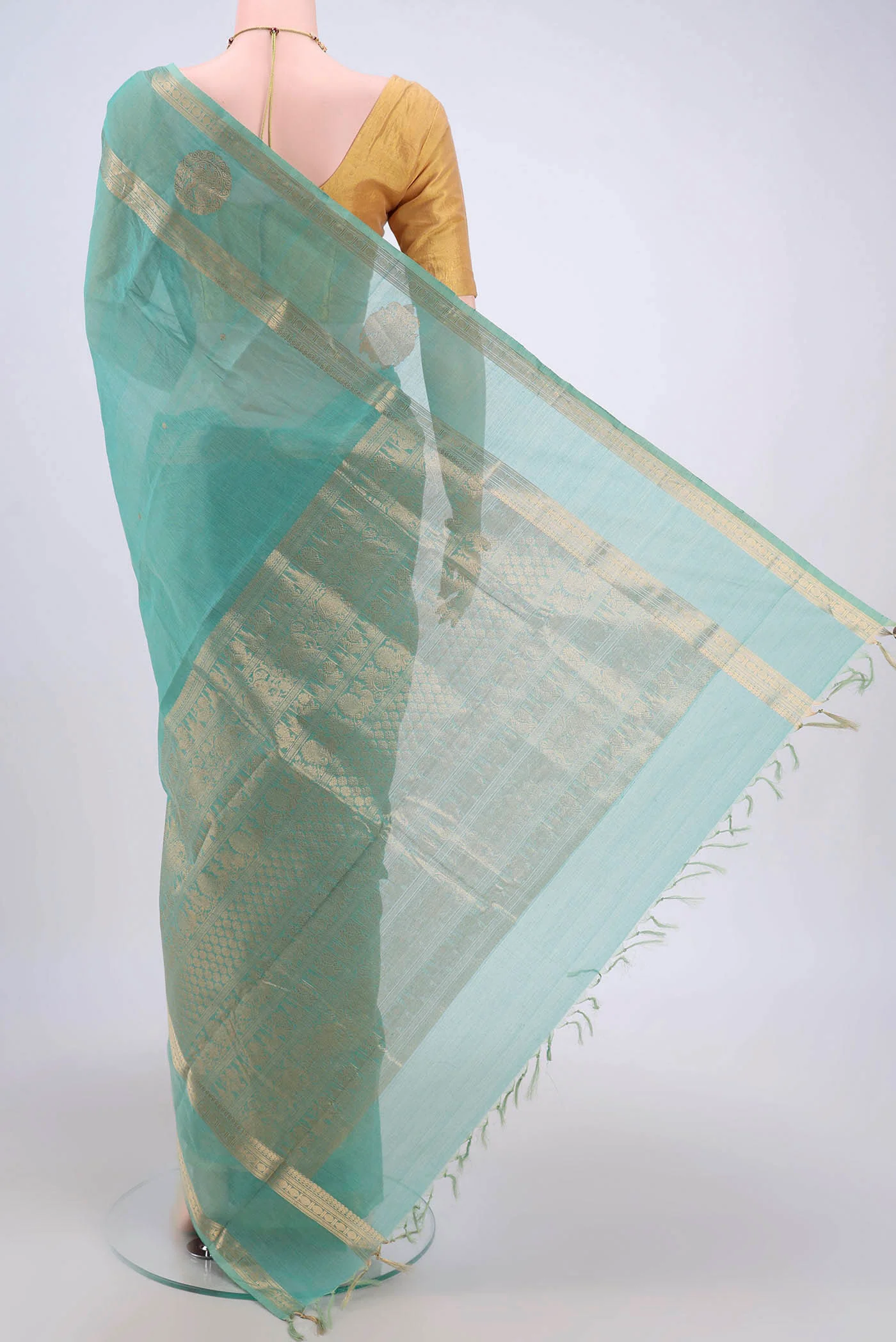 Turquoise Kanchi Cotton Saree - Image 3