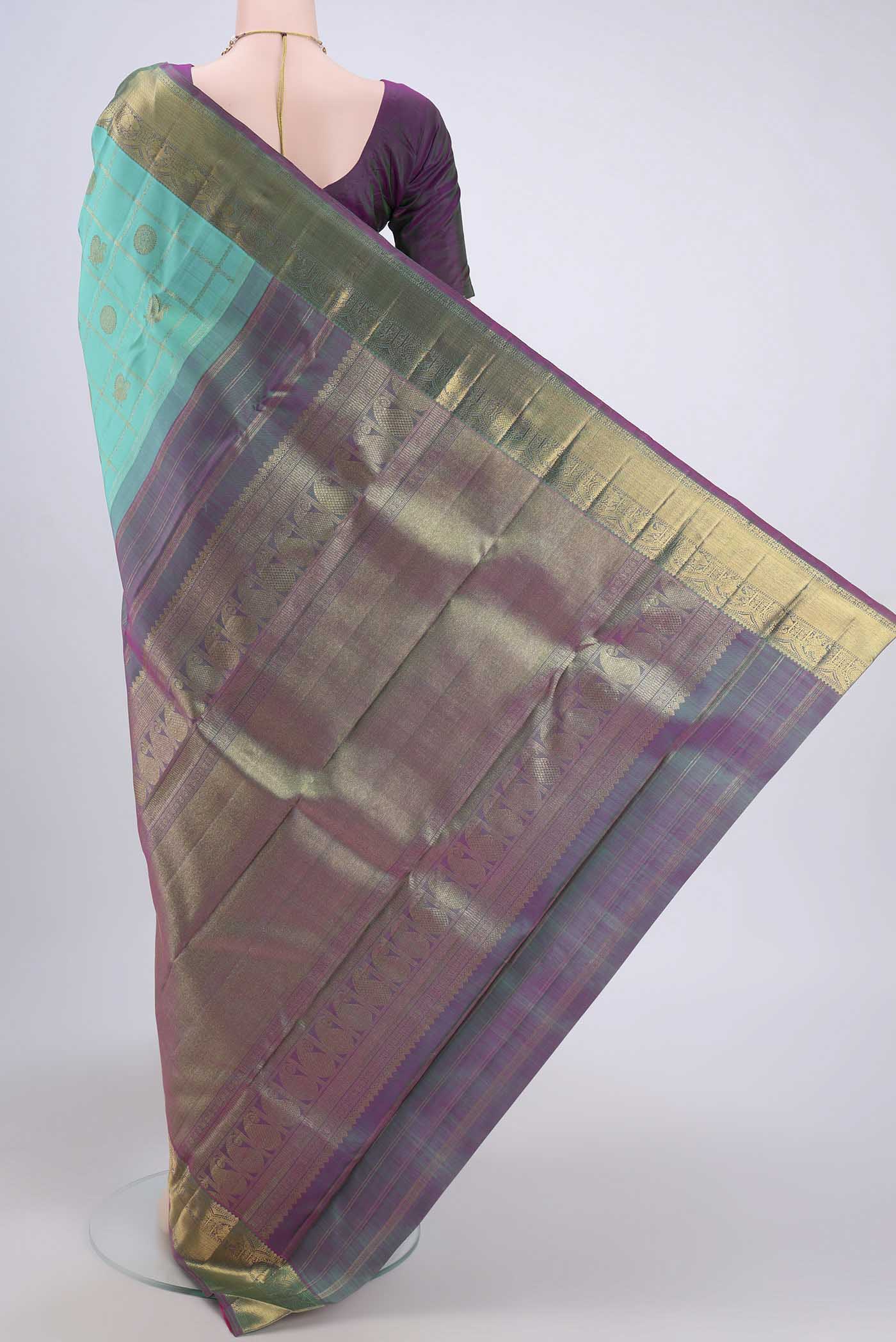 Pure Silk Pure Zari Turquoise Kanjivaram Saree - Image 3