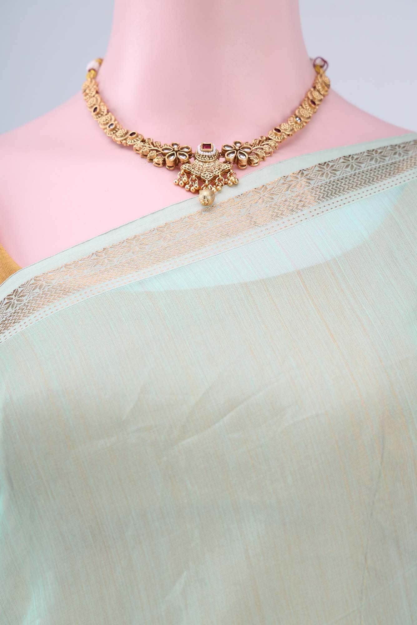 Turquoise Maheshwari Silk Cotton Saree - Image 3