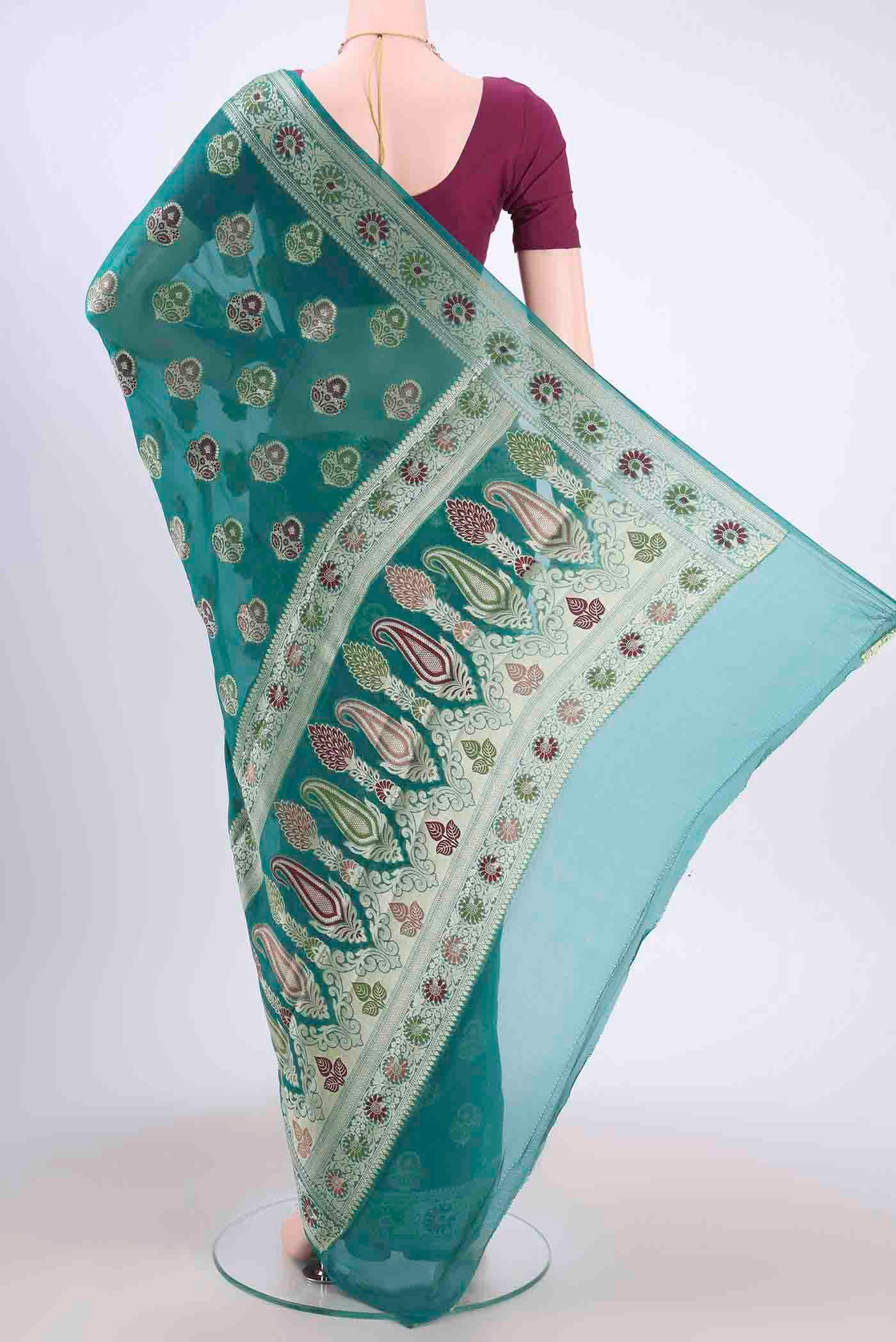 Turquoise Banarasi Georgette Saree - Image 3