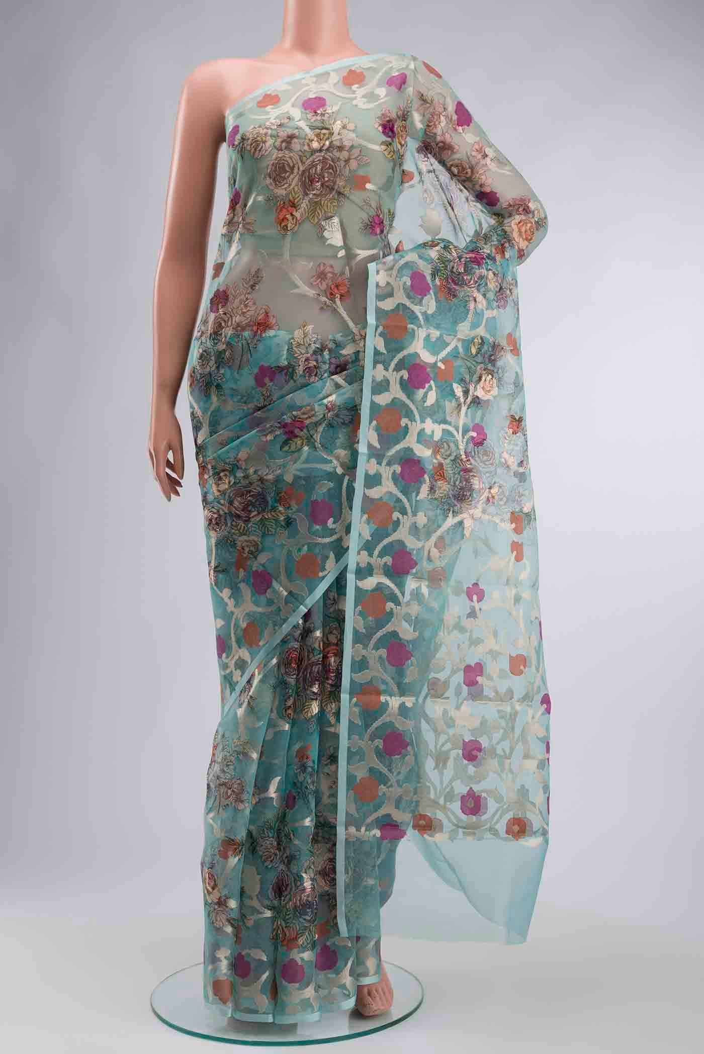 Turquoise Organza Silk Saree