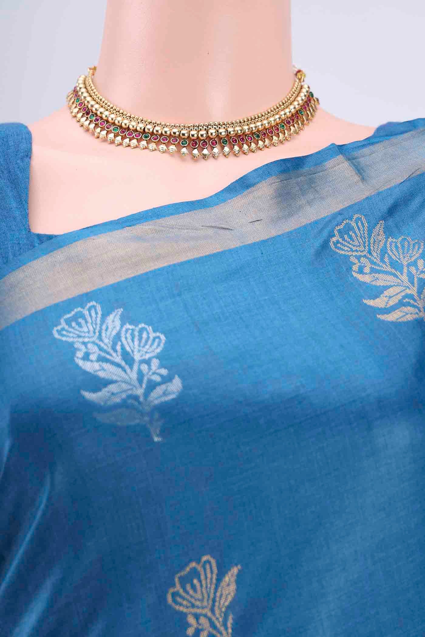 Royal Blue Tussar Silk Saree - Image 2