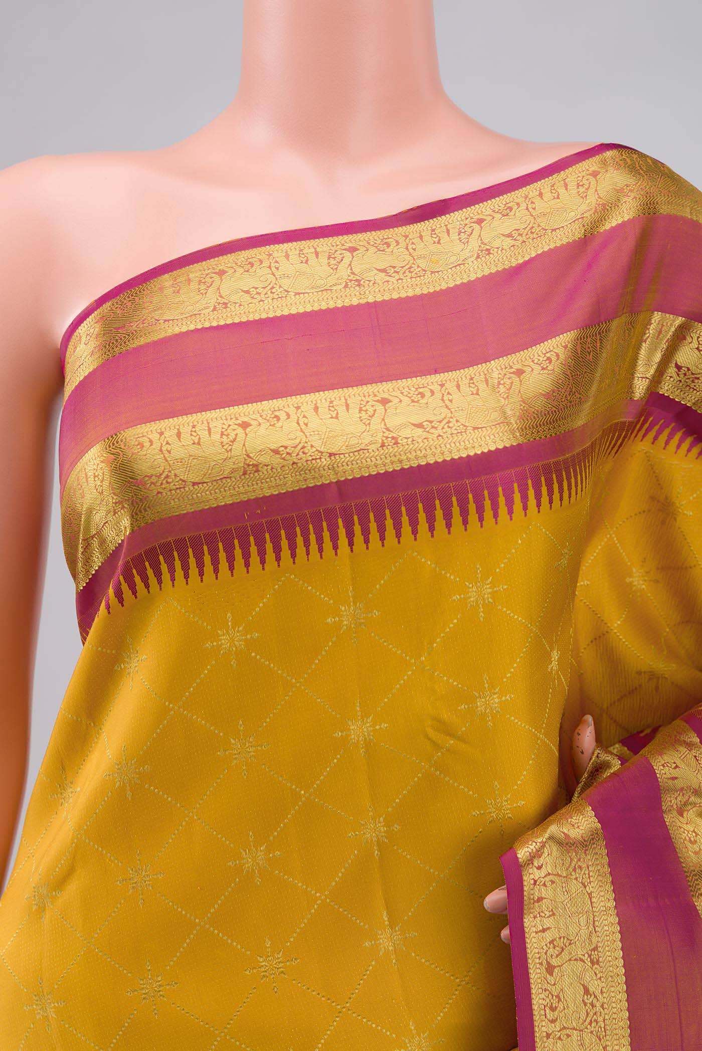 Vaidehi-Mustard Yellow Kanchipuram Silk Saree - Image 2