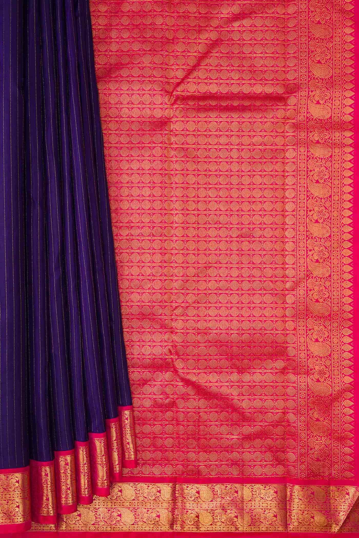 Pure Silk Pure Zari Navy Blue Kanjivaram Saree - Image 4