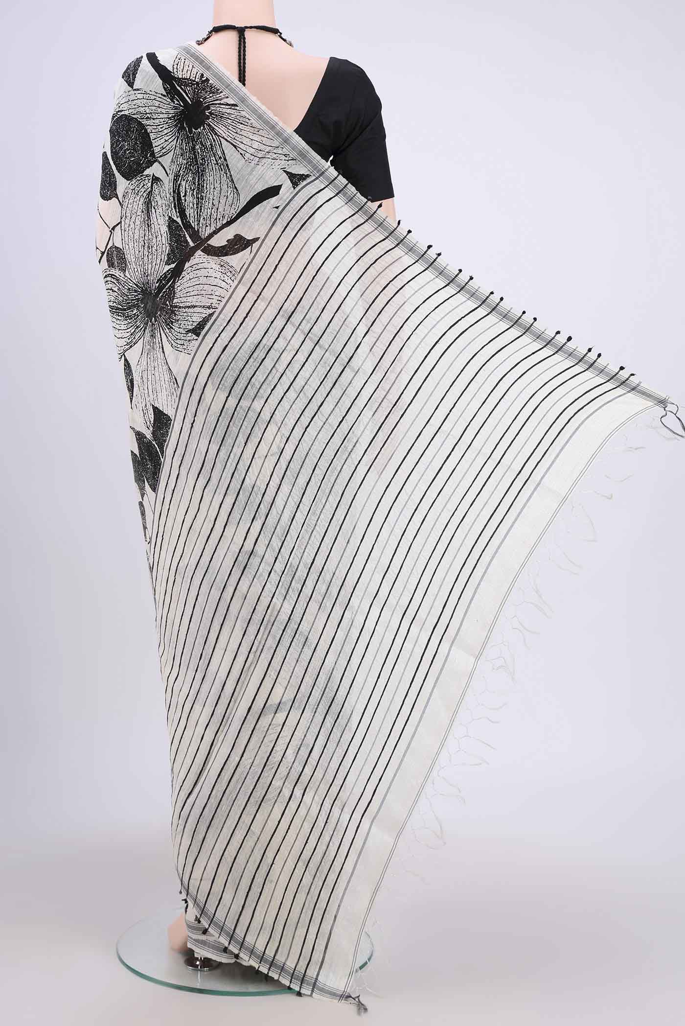 Off White Tussar Silk Saree - Image 3