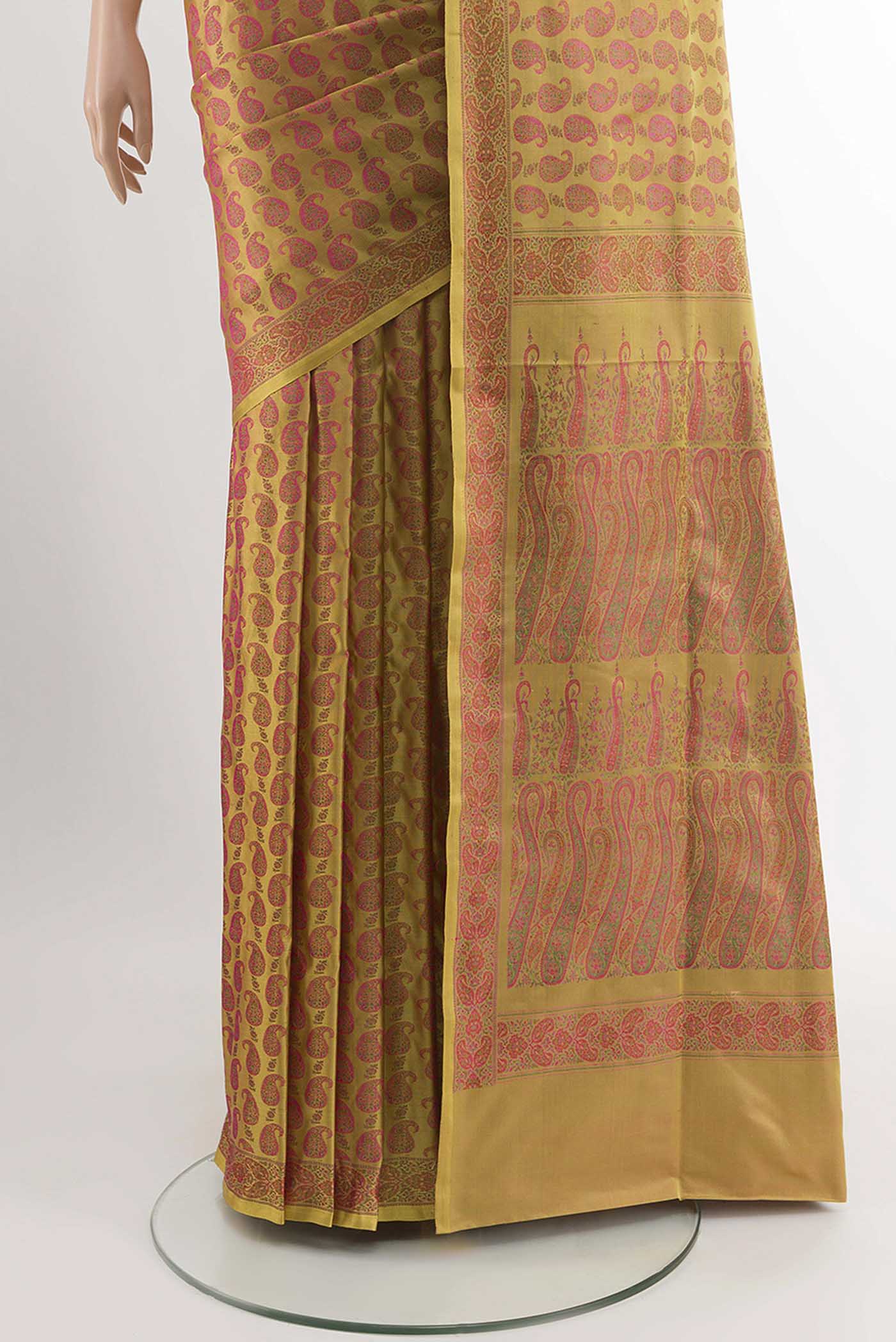 Yellow Dual Tone Banarasi Tanchoi Silk Saree - Image 3