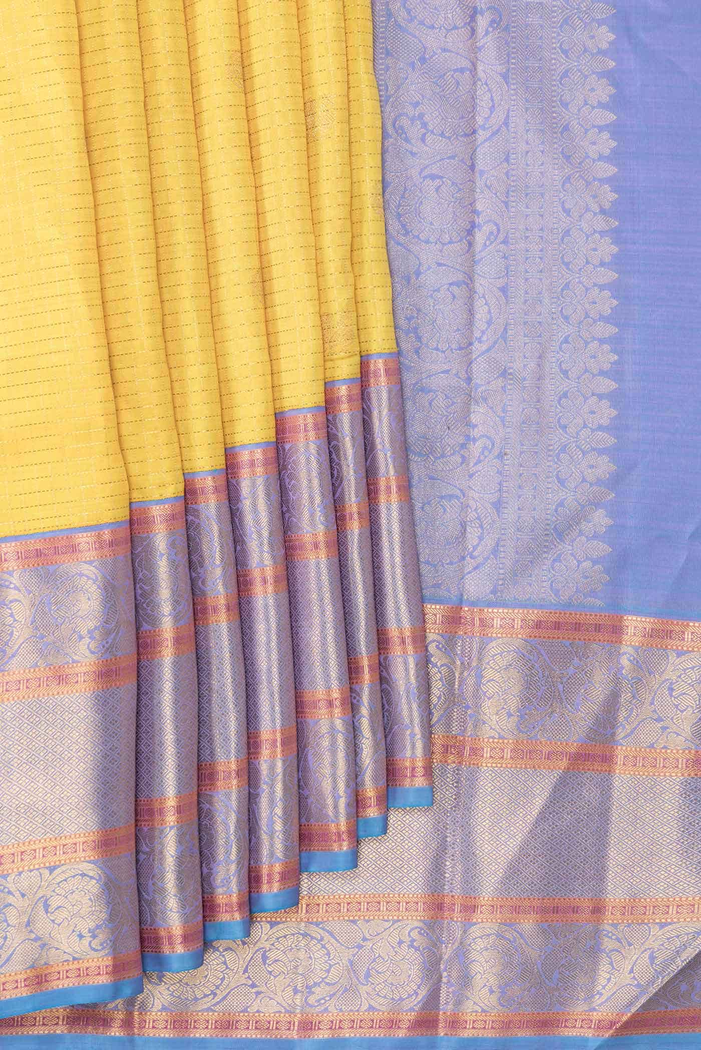 Pure Silk Pure Zari Yellow Dual Tone Kanjivaram Saree - Image 2