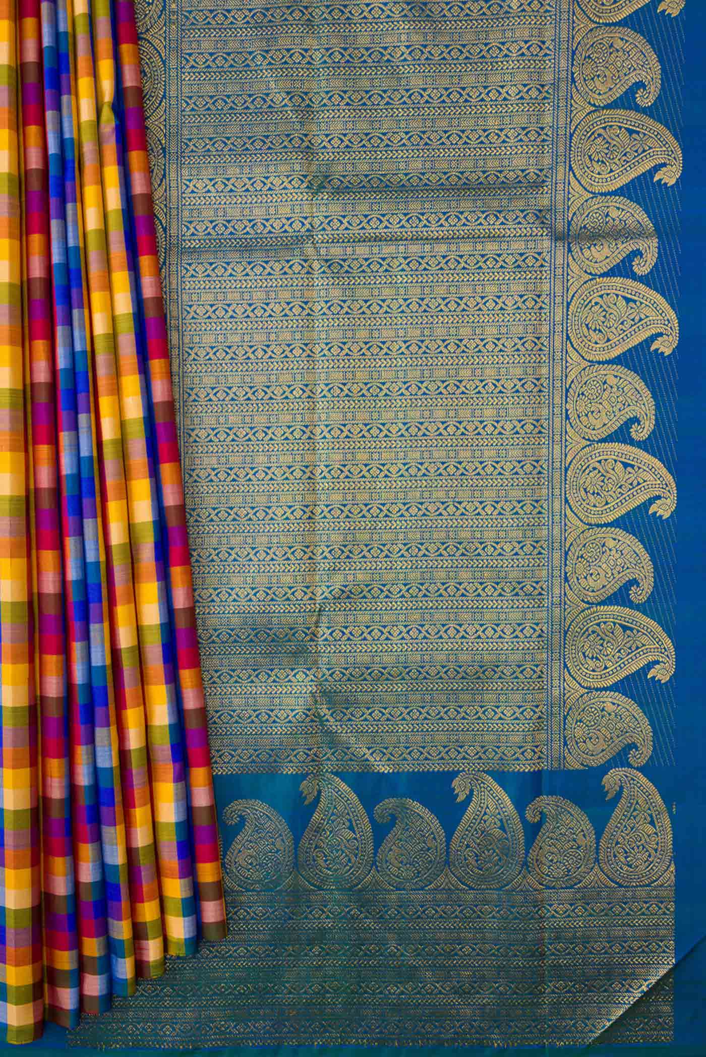 Yellow,Maroon and Peacock Blue Color Kanjivaram Silk Saree - Image 3