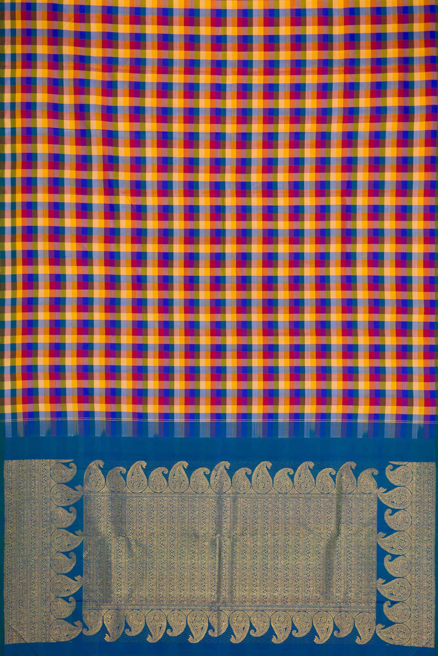 Yellow,Maroon and Peacock Blue Color Kanjivaram Silk Saree - Image 5