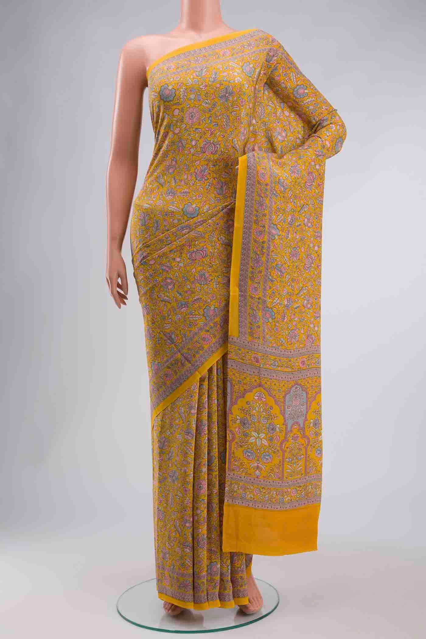 Yellow Mysore Crepe Saree