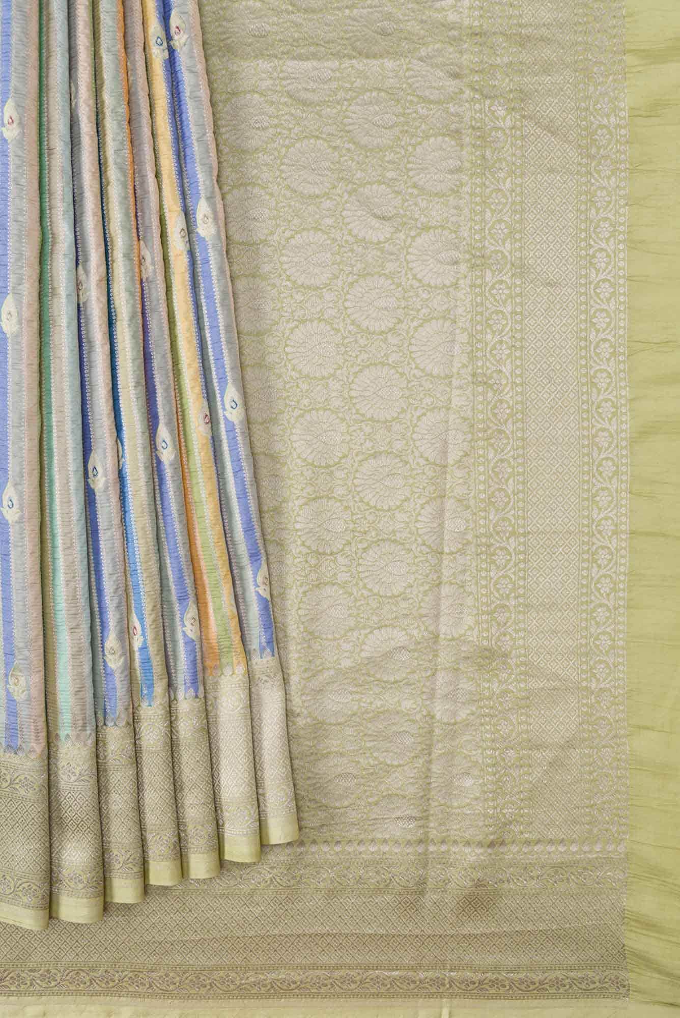 Yellow Royal BlueGrey and Pista Green Dual Tone Banarasi Silk Saree - Image 2
