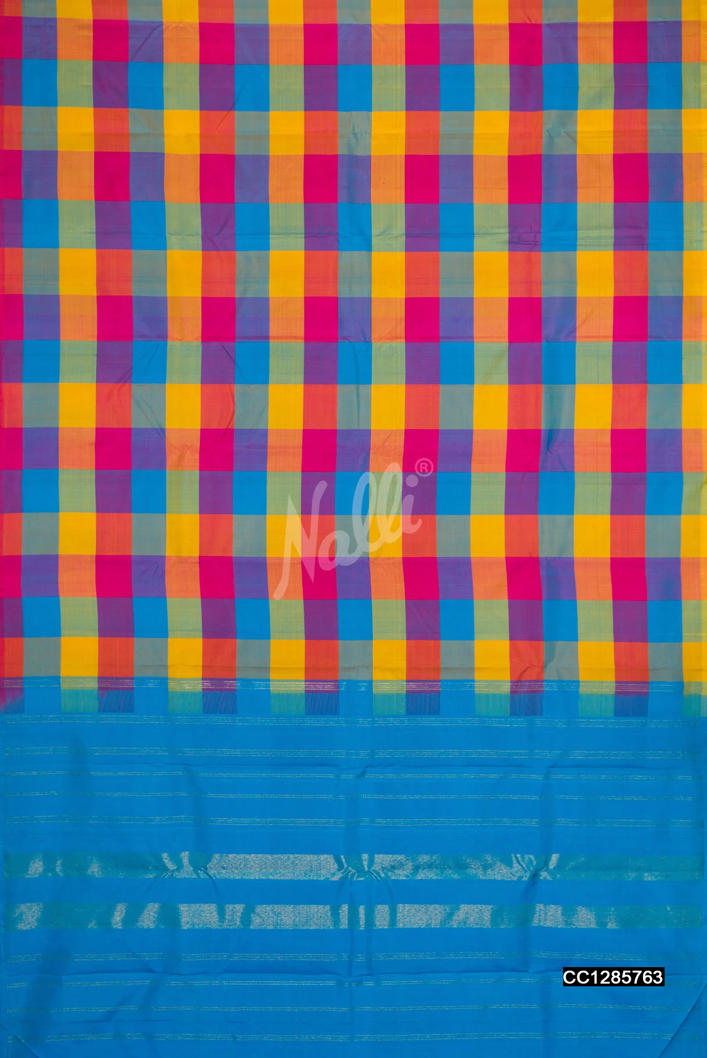 Yellow , Sky Blue and Pink Dual Tone Kanchipuram Silk Saree