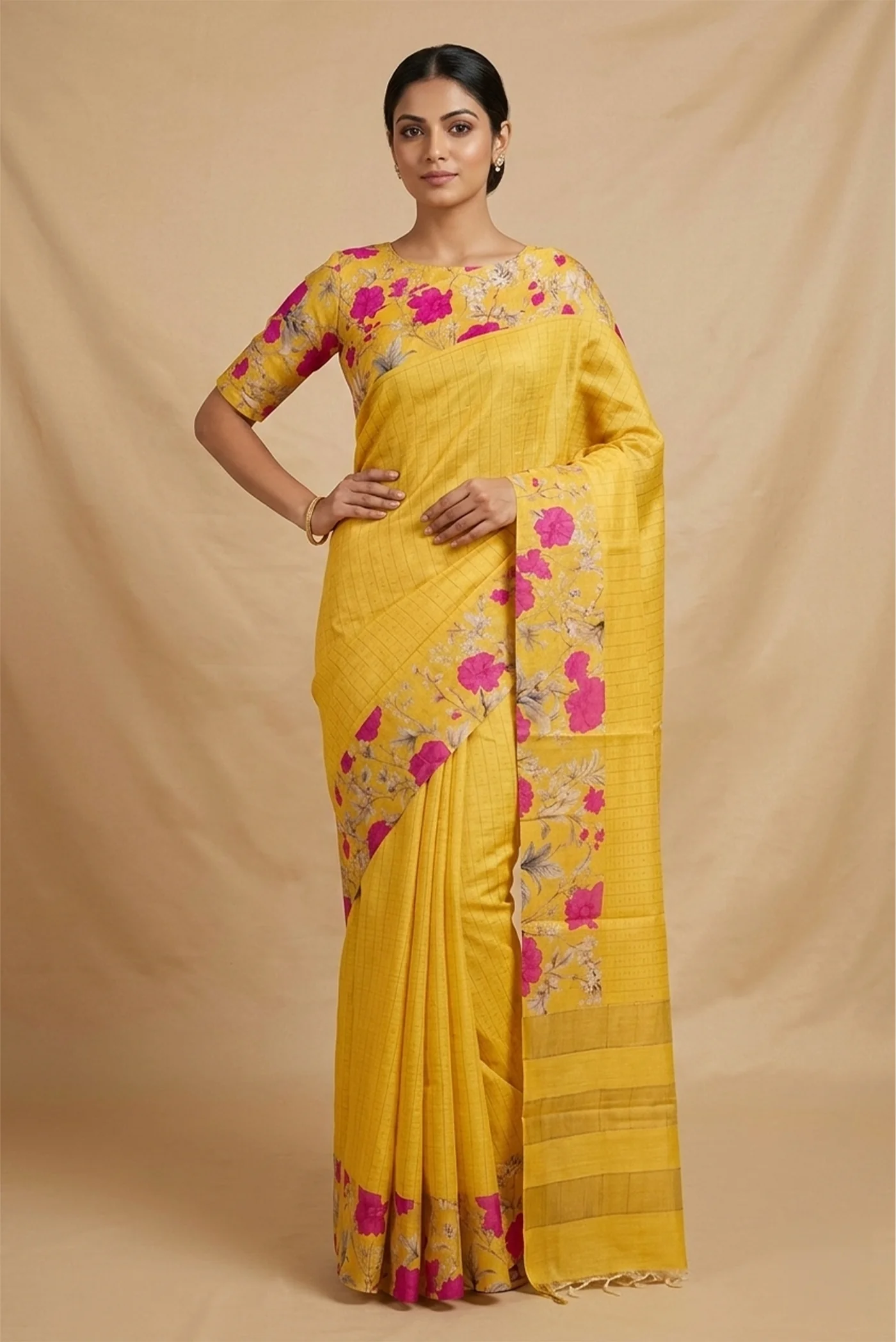 Yellow Tussar Silk Saree